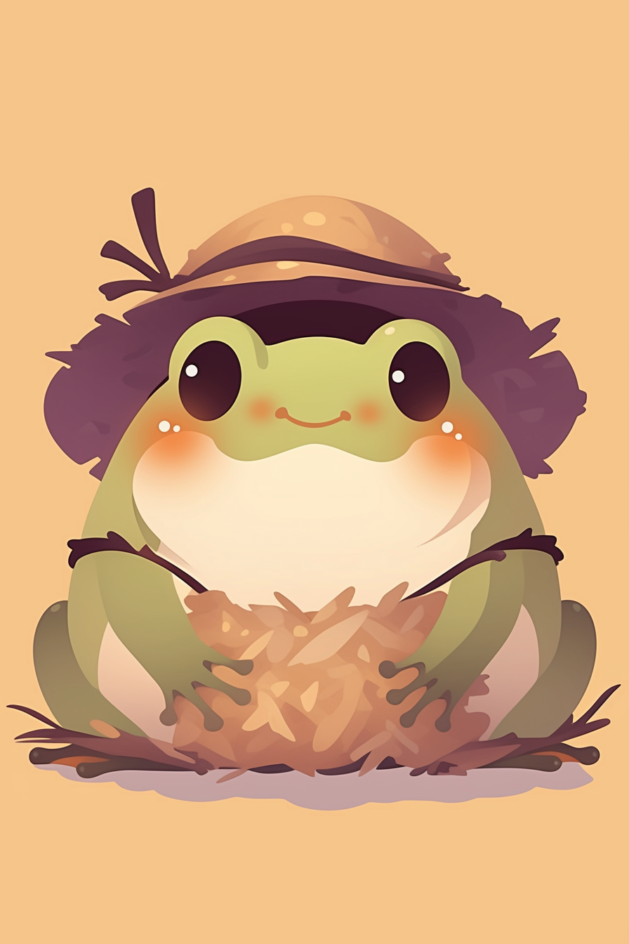 halloween frog drawing ideas 2 featuring a cute frog dressed as a scarecrow with a straw hat, sitting on a pile of hay.
